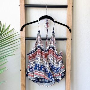 Stella Laguna Beach Coastal Mixed Print Boho Halter Tie Crop Top